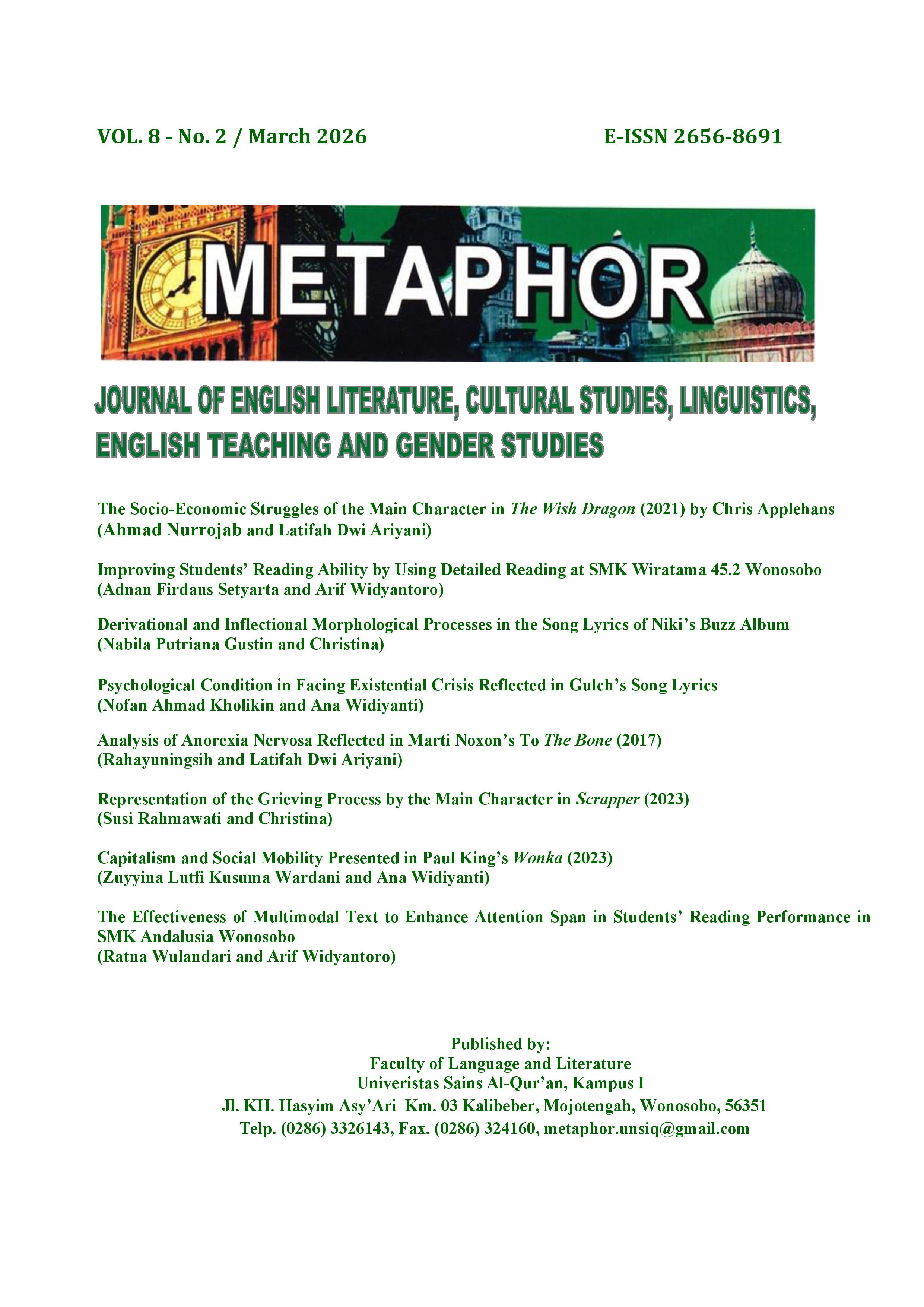 					View Vol. 8 No. 2 (2026): Literary Work Analysis, Linguistics Analysis, English Teaching Analysis
				