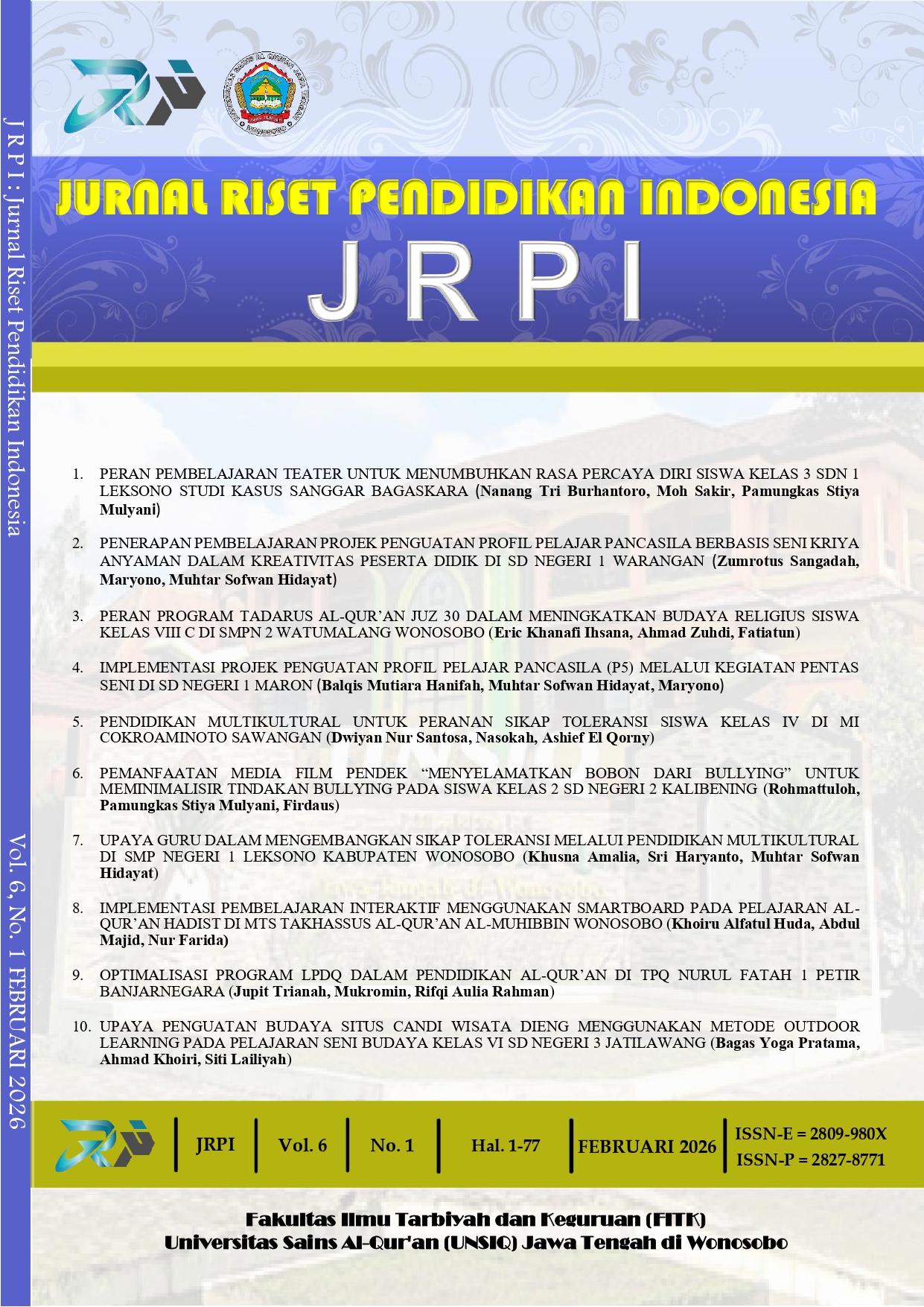 					View Vol. 6 No. 1 (2026): JRPI: Jurnal Riset Pendidikan Indonesia
				